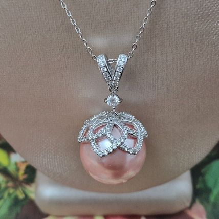 Haliotis Asinina Pink Pearl & Zircon Pendant & 18" Chain Rhodium on 925 Silver