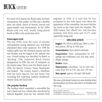 Collectors Club card. Classic Cars. Buick Century