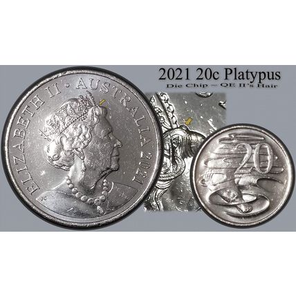 Australia 2021 20c Platypus - Die Chip Queen's Hair - Circulated [2aa]