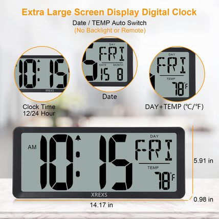 XREXS Large Digital Wall Clock, Battery Operated Alarm Clocks for Bedroom Home D