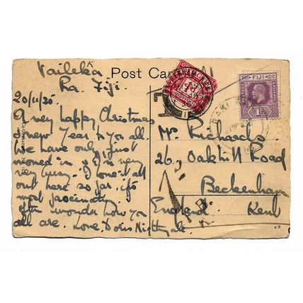 Postcard Fiji village scene native huts forest posted 1935 stamp & postage due
