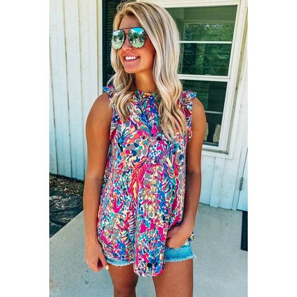 Rose Floral Print Tank Top with Ruffles