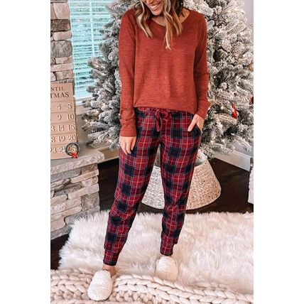 Solid Long Sleeve Top and Plaid Pants Loungewear