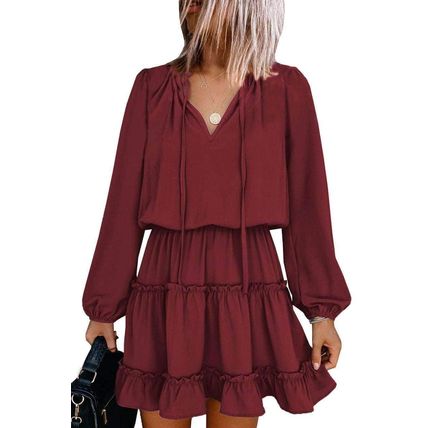 Wine V Neck Long Sleeve Ruffle Tiered Mini Dress