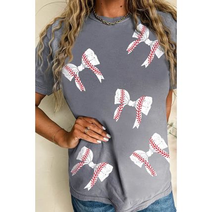 Gray Rugby Bow Knot Print Crewneck Casual T Shirt