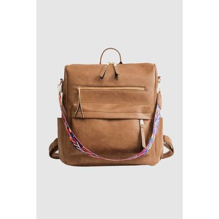 Chestnut Geometric Crochet Strap PU Leather Large Backpack