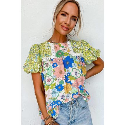 Green Bubble Sleeve Lace Trim Floral Mixed Print Blouse