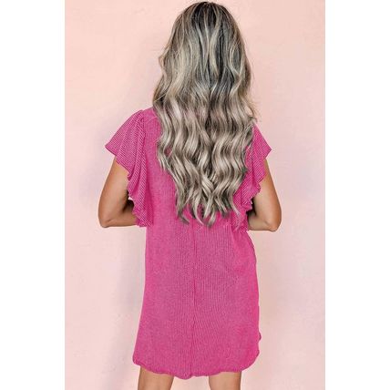Rose Red Textured Ruffled Flutter Sleeve Mini Dress