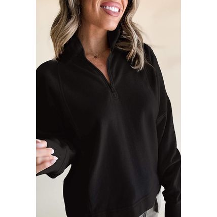 Black Zipped Neck Pullover Drop Shoulder Sweatshirt