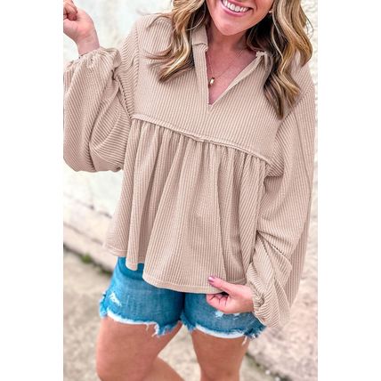 Parchment Corded Turn-down V Neck Bubble Sleeve Babydoll Blouse