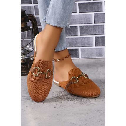 Chestnut Leather Strap Buckle Decor Slip On Flats