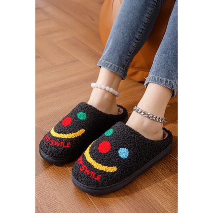 Black Keep Smile Printed Sherpa Home Slippers