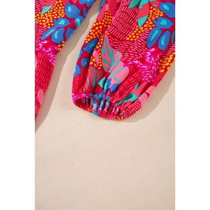Rose Tropical Printed Lantern Sleeve V Neck Ruffled Plus Size Mini Dress