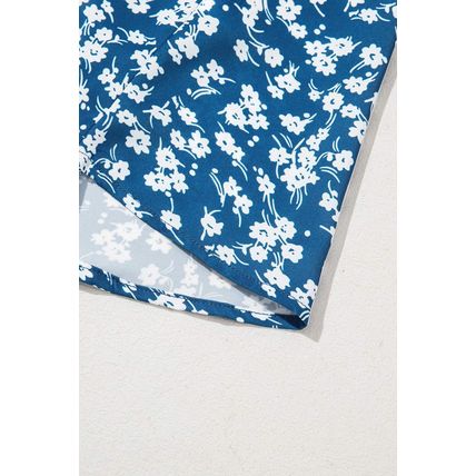 Blue Ditsy Floral Print Lantern Sleeve Blouse