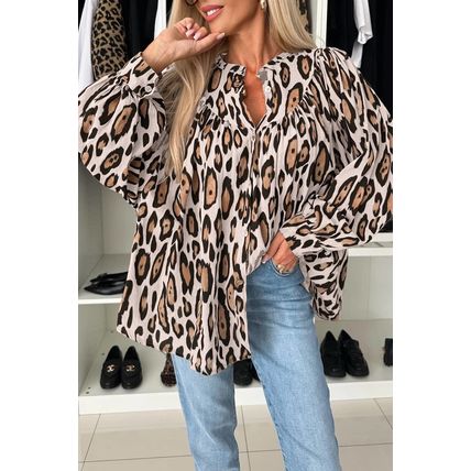 Jet Stream Oversized Leopard Print Balloon Sleeve Casual Shirt