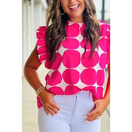Rose Bubblegum Pattern Frilled Collar Flutter Sleeve Top