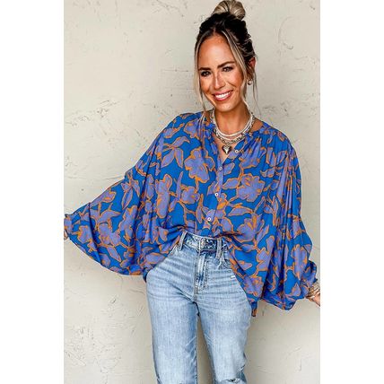 Blue Floral Print Batwing Sleeve Buttoned Loose Fit Shirt