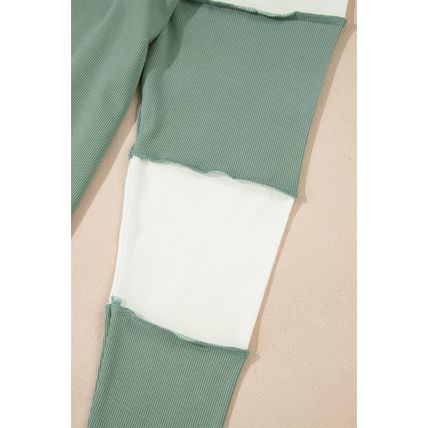 Mint Green Ribbed Colorblock Patchwork Raglan Long Sleeve Top