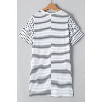 White Stripe Ruffled Short Sleeve Crew Neck T Shirt Shift Mini Dress