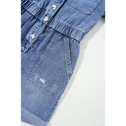 Dusk Blue Chest Pocket Front Buttoned Folded Edge Denim Short Sleeve Romper