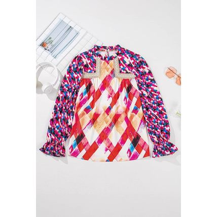 Rose Red Abstract Geometric Pattern Patchwork Puff Sleeve Blouse