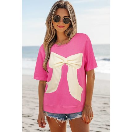 Strawberry Pink Contrasting Color Ribbon Bow Front Patch Loose Tee with Slits