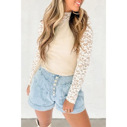Beige Floral Lace Patchwork Long Sleeve High Neck Slim Top