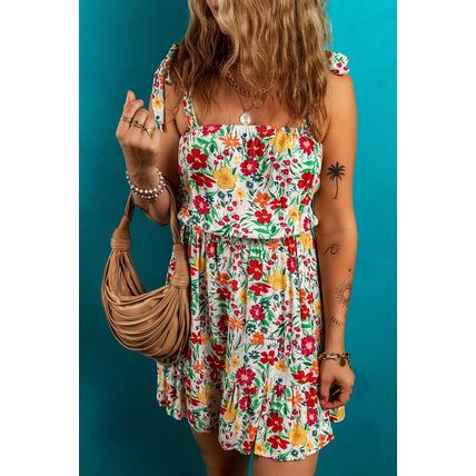Red Floral Knotted Straps Cinched Waist Ruffle Hem Mini Dress