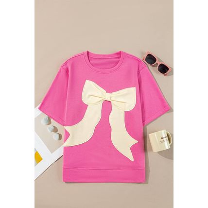 Strawberry Pink Contrasting Color Ribbon Bow Front Patch Loose Tee with Slits