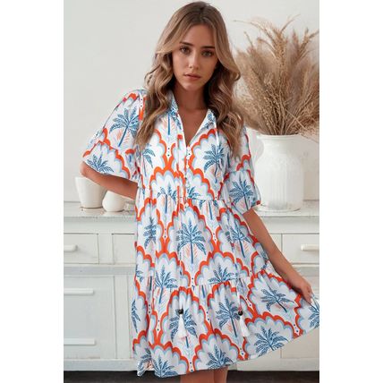 Orange Contrast Palm Tree Printed Short Sleeve Flowy Dress