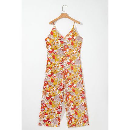 Orange Floral V Neck Wide Leg Sleeveless Jumpsuit