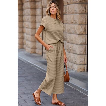 Parchment Solid Color Textured Short Sleeve Top and Casual Pants Set