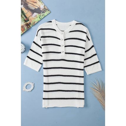 White Stripe Henley Buttoned Placket Drop Shoulder Bracelet Sleeve Knit Sweater