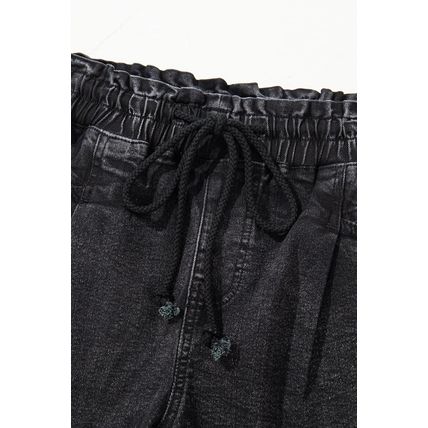 Black Drawstring High Waist Casual Denim Shorts with Pockets