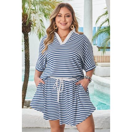 Blue Stripe Short Sleeve Collared V Neck Top Plus Size Short Set