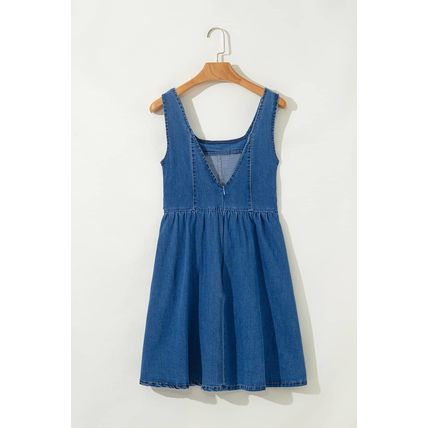 Sail Blue Square Neck Bowknot A-line Sleeveless Denim Dress