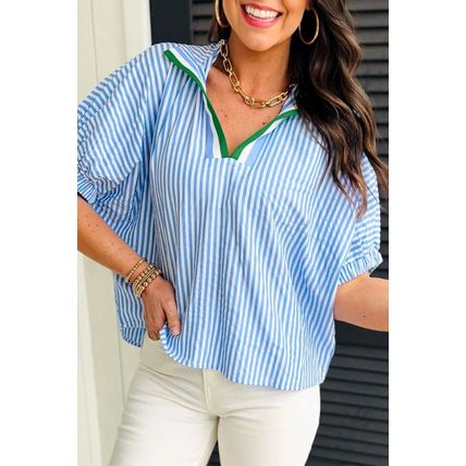 Sky Blue Striped Print Contrast Split Neck Dolman Sleeve Blouse