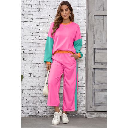 Rose Red 2pcs Color Block Pullover Loose Pant Set