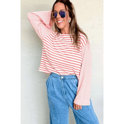 Pink Stripe Textured Contrast Dropped Long Sleeve Top