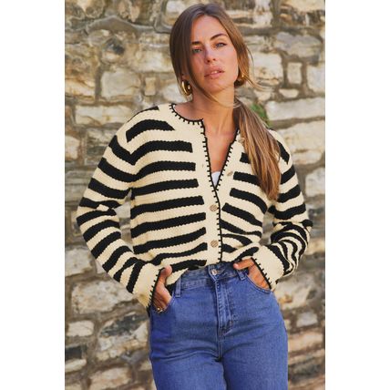Apricot Stripe Chic Golden Button Cardigan Sweater