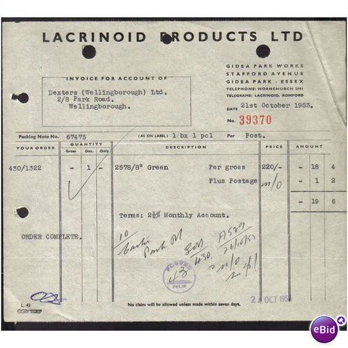 LACRINIOD PRODUCTS LTD,GIDEA PARK ,ESSEX, 21OCT53