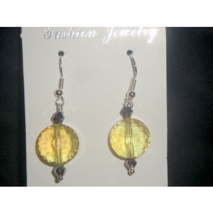Beautiful clear lemon yellow faceted glass & purple accent earrings