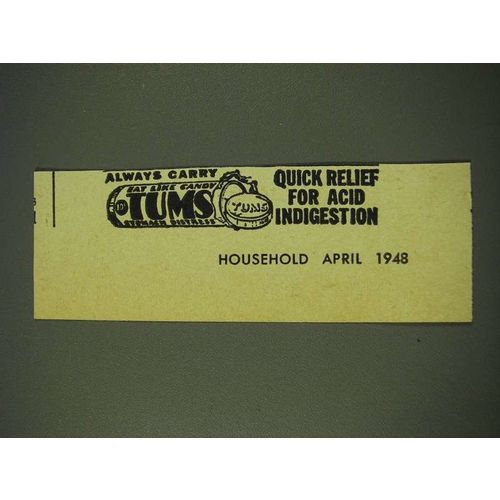 1948 Tums antacid Ad - Quick relief for acid indigestion