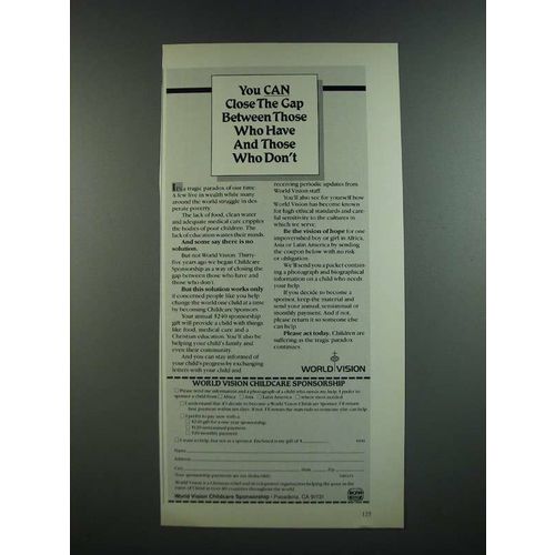 1986 World Vision Childcare Sponsorship Ad - You Can Close the Gap