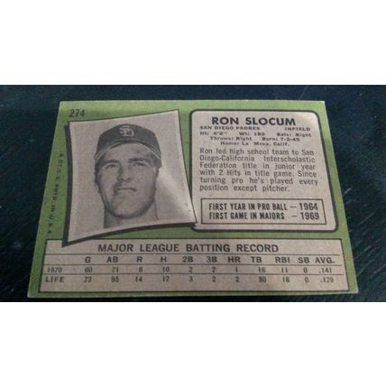 1971 Topps Card # 274 Ron Slocum Very Good (3) San Diego Padres