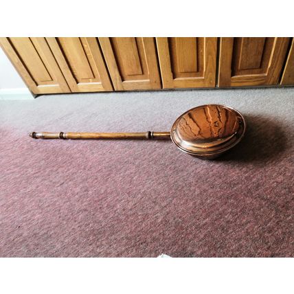 Vintage/Antique, Copper/Brass, Large Bed Warmer/Warming Pan - Long Wood Handle