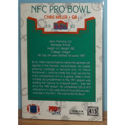 1992 Pro Set CHRIS MILLER (Atlanta Falcons) NFC Pro Bowl insert #415