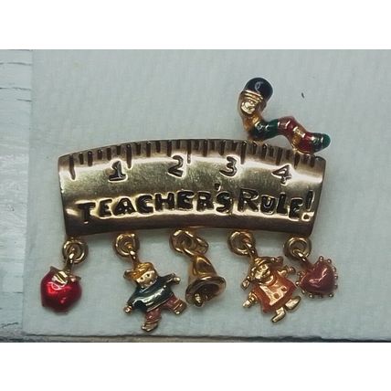 Danecraft Teachers Rule Brooch/Pin W/Charms Vintage Estate 1.5” Signed