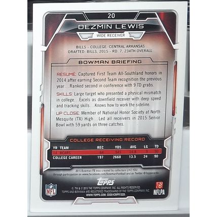 2015 Bowman DEZIN LEWIS (Bills) Silver Ice Rookie Card #20