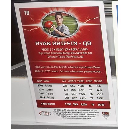 2013 SAGE Hit RYAN GRIFFIN (Tulane/Saints) Rookie Card #19